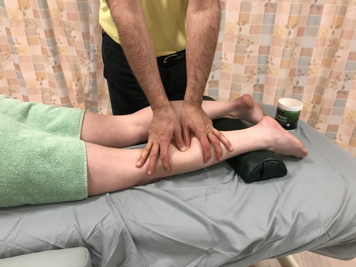 Massage therapy to the posterior leg - contralateral work.
