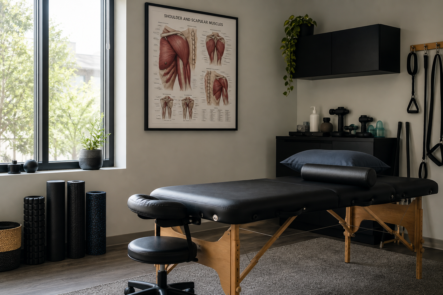 A modern physiotherapy room with massage table and diagrams.