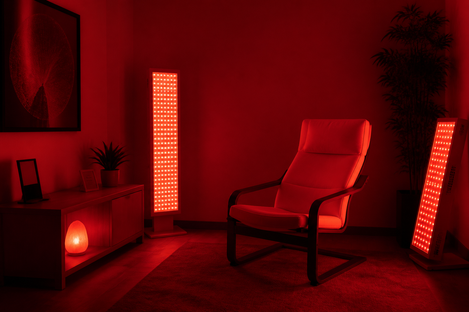 Room with red lighting and a cozy chair setting