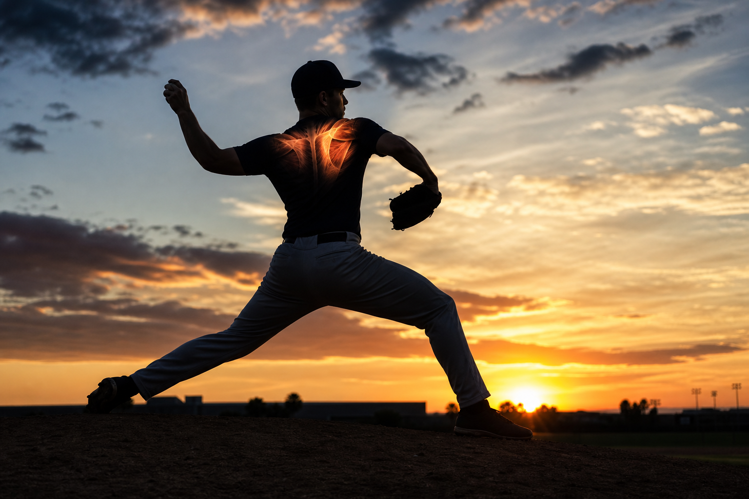 Silhouette of a pitcher with vibrant shoulder illustration at sunset