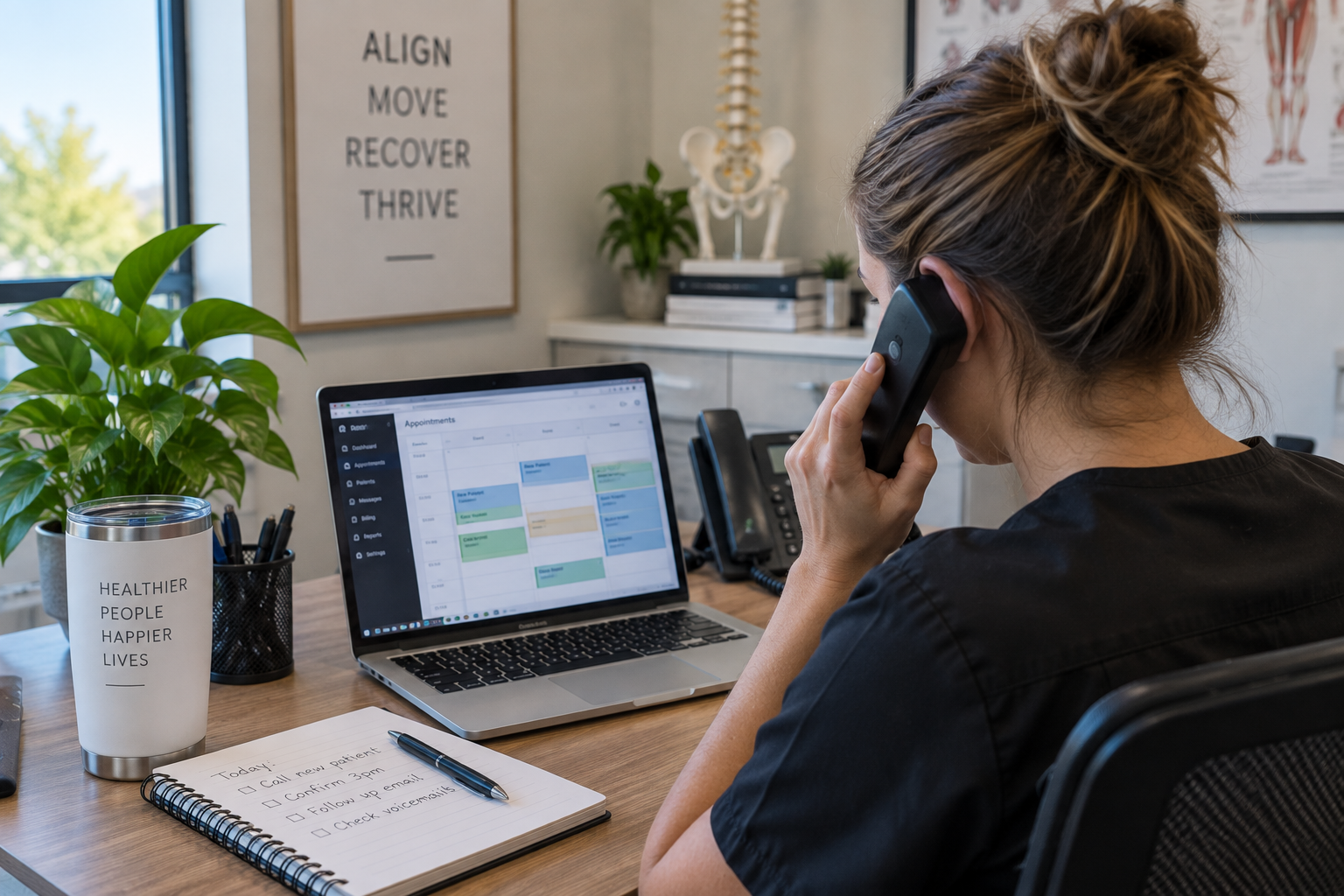 A chiropractor reviewing the clinic appointment schedule between patients.