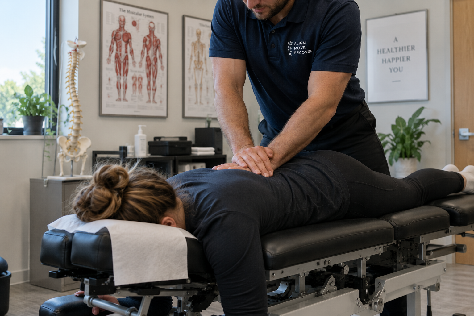 Chiropractor performing a hands-on soft tissue treatment during a full-length session.
